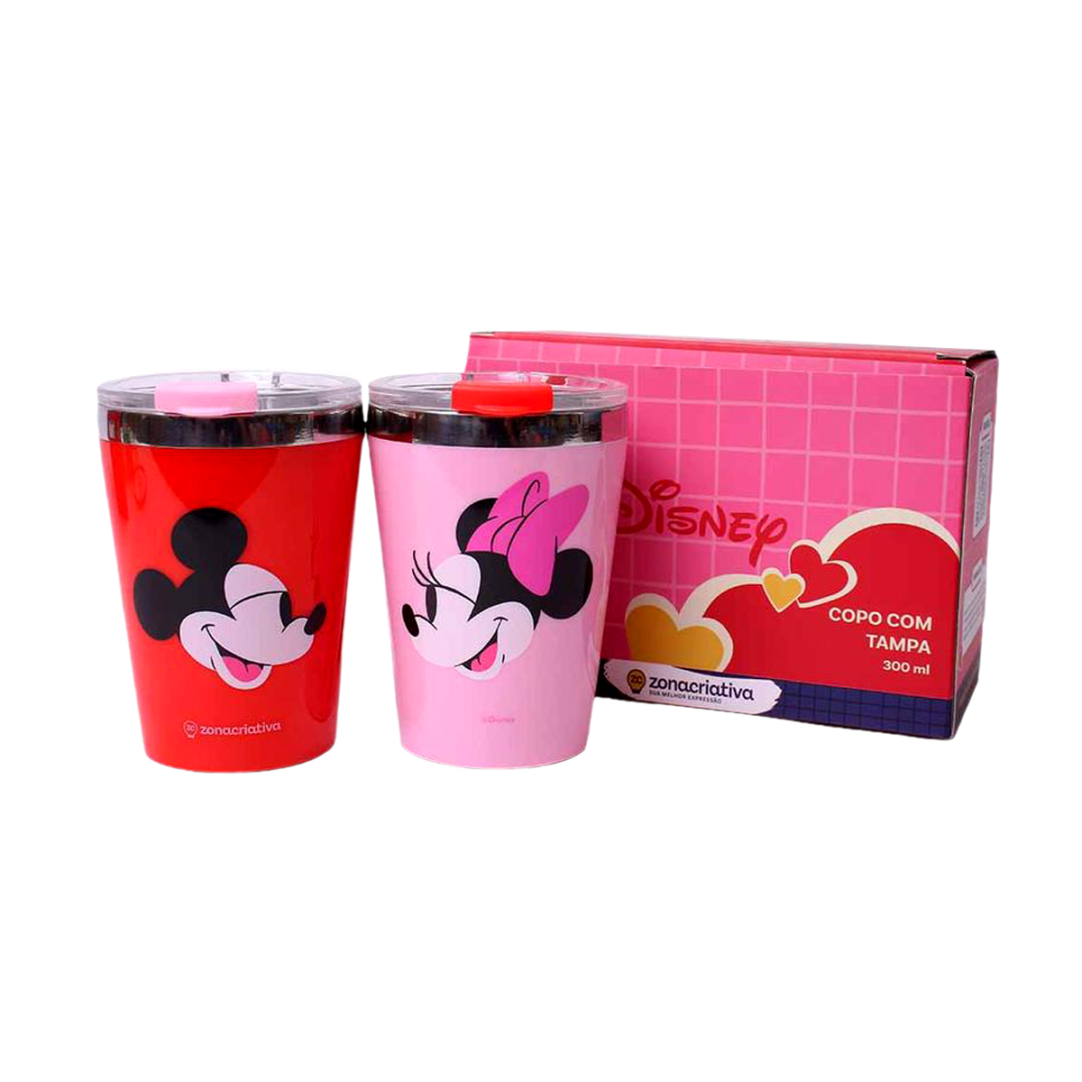 KIT COPO VIAGEM SNAP MICKEY E MINNIE NAMORADOS 300ML